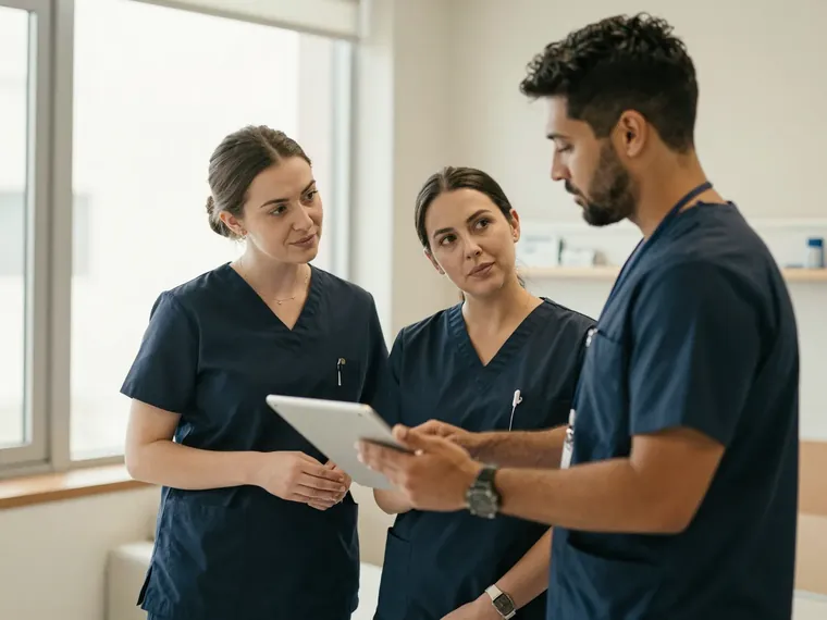 A nurse, a case manager and a colleague reviewing a tablet together at the nurses station
